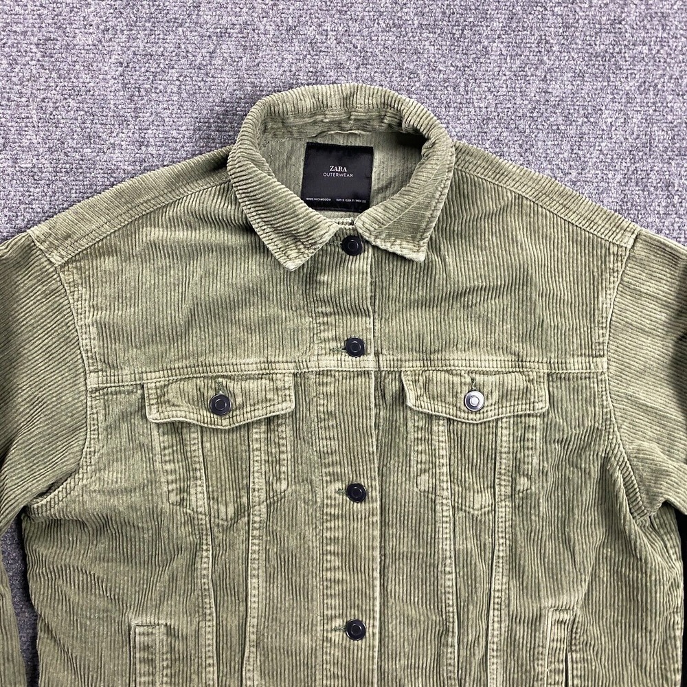Zara Jacket Womens Small Corduroy Green Trucker Front Pockets‎ Outerwear Frayed - Picture 2 of 10